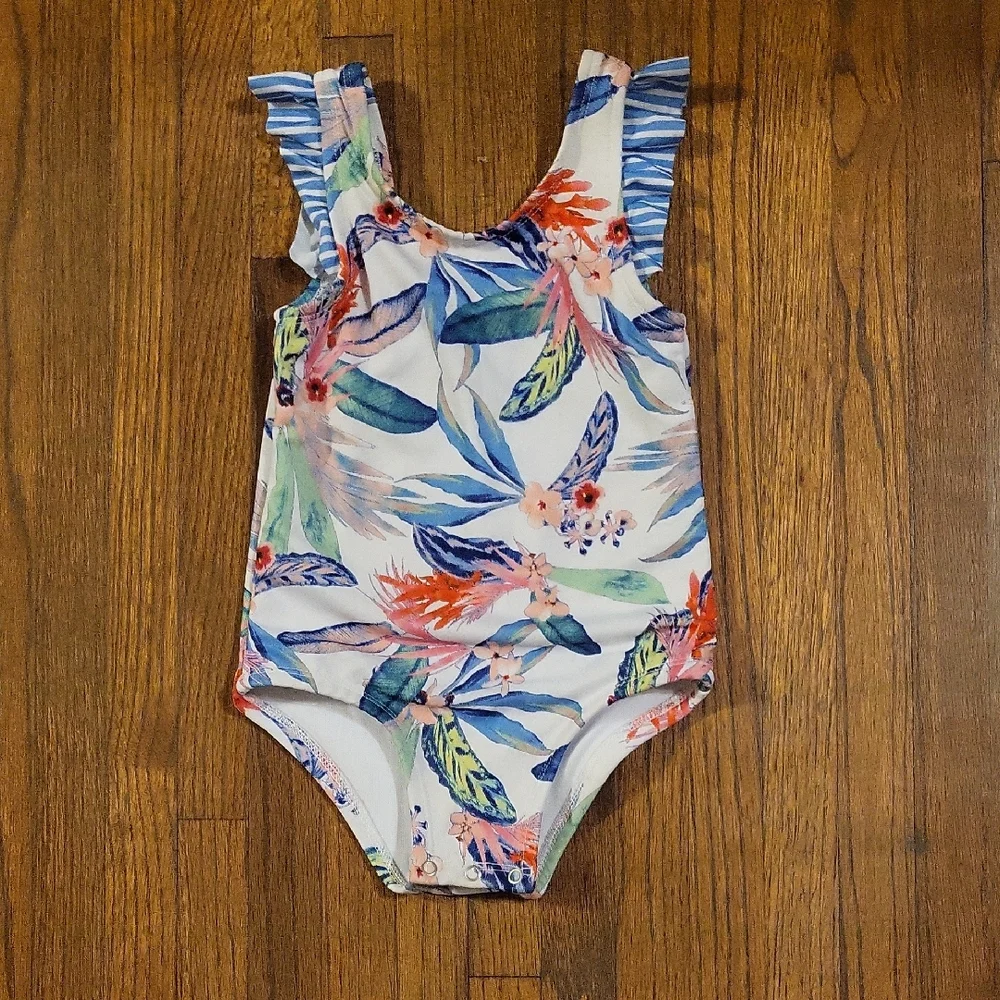 Outdoor Oasis White and Blue One Piece Swimwear with Ruffled Straps